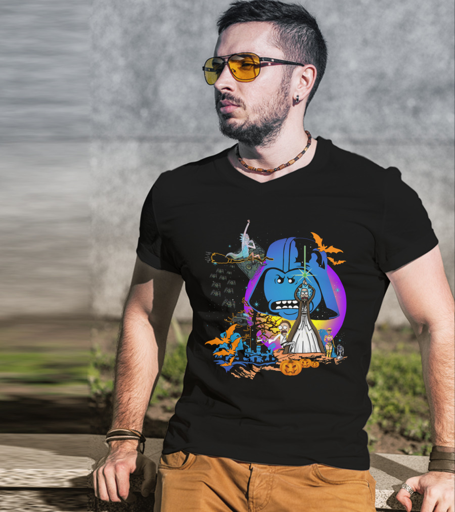 RICK MORTY Star Wars Darth Vader Halloween Crossover With Lightsabers And Pumpkins T-Shirt