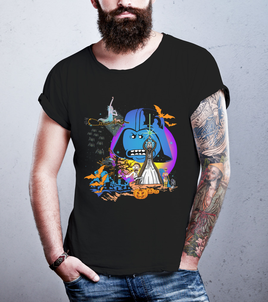 RICK MORTY Star Wars Darth Vader Halloween Crossover With Lightsabers And Pumpkins T-Shirt