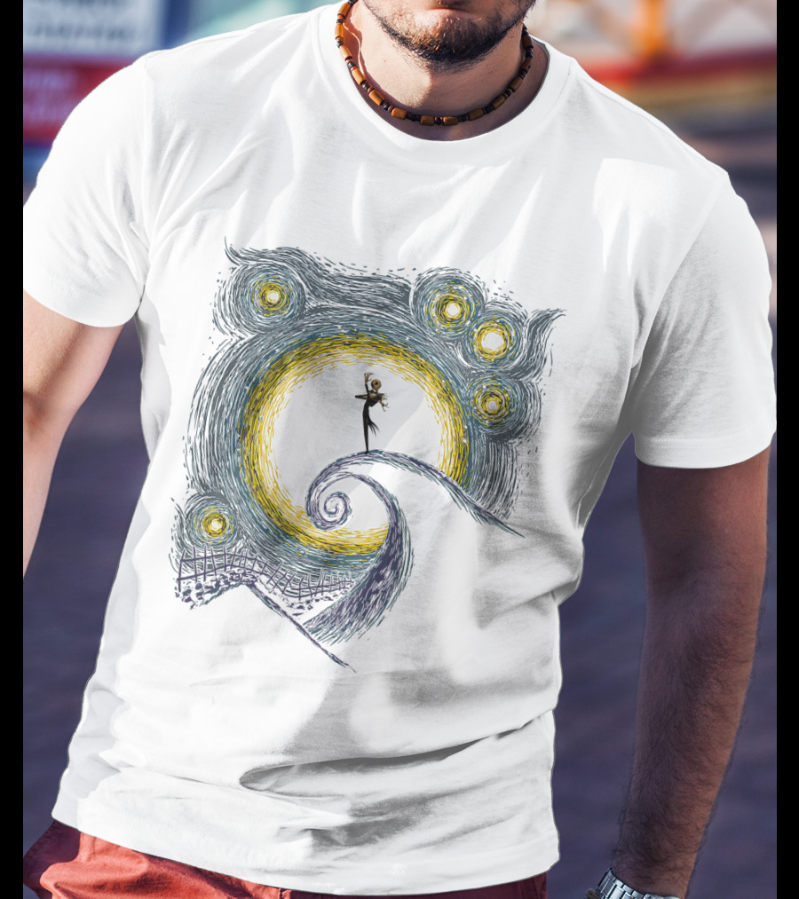 Jack Skellington On Curled Hill With Starry Night Inspired Background T-Shirt