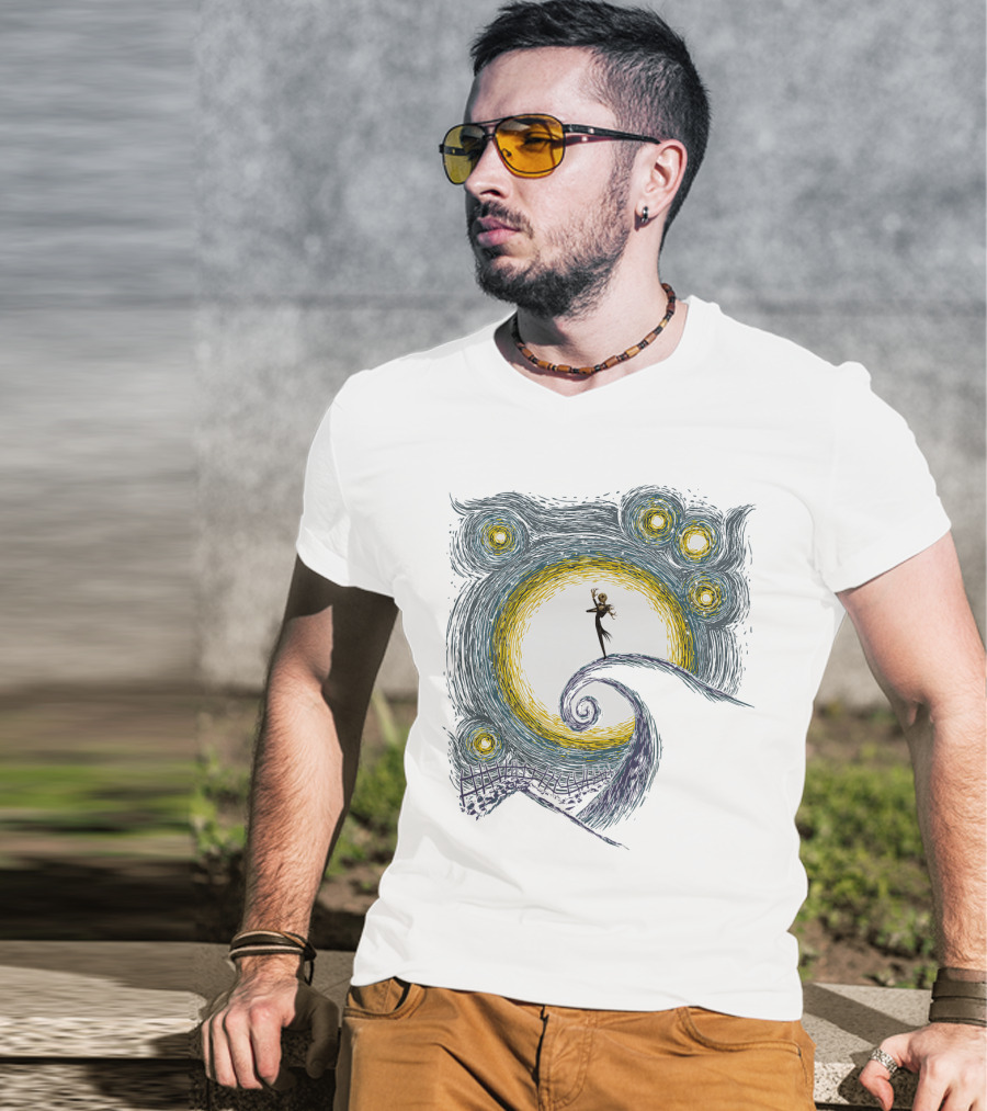 Jack Skellington On Curled Hill With Starry Night Inspired Background T-Shirt
