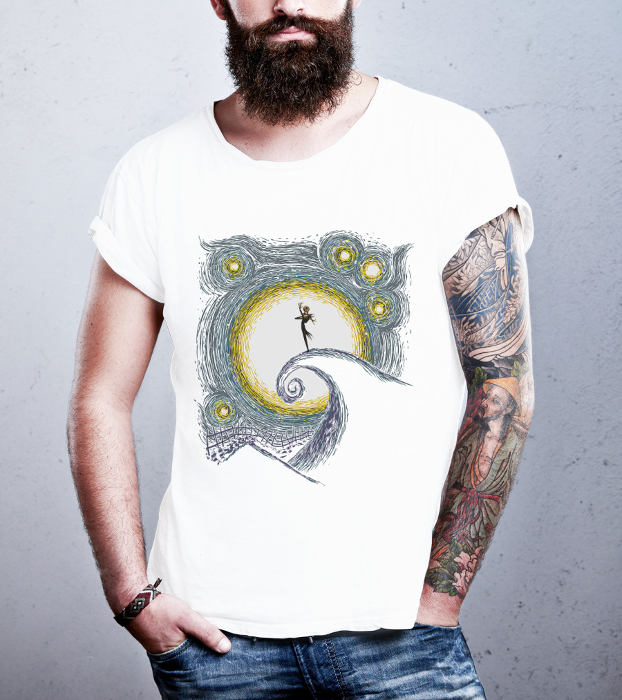 Jack Skellington On Curled Hill With Starry Night Inspired Background T-Shirt