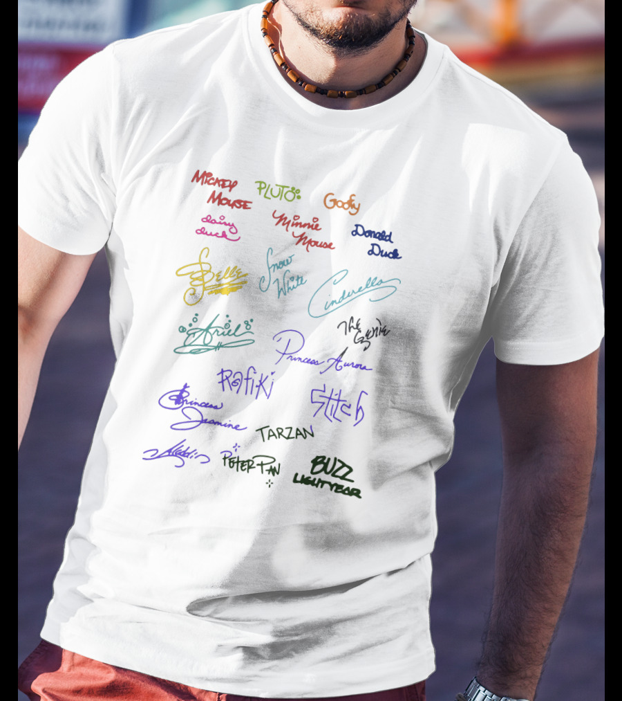 Mickey Mouse Pluto Goofy Minnie Donald Belle Snow White Cinderella Ariel Aurora Rafiki Stitch Jasmine Tarzan Mulan Peter Pan Buzz Lightyear Signatures T-Shirt