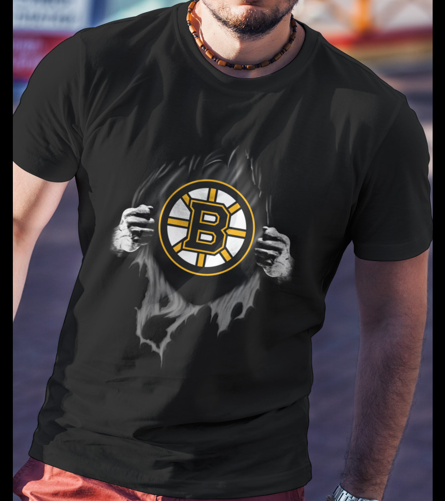 Boston Bruins Hockey Team Logo Peeking Through Torn Fabric T-Shirt