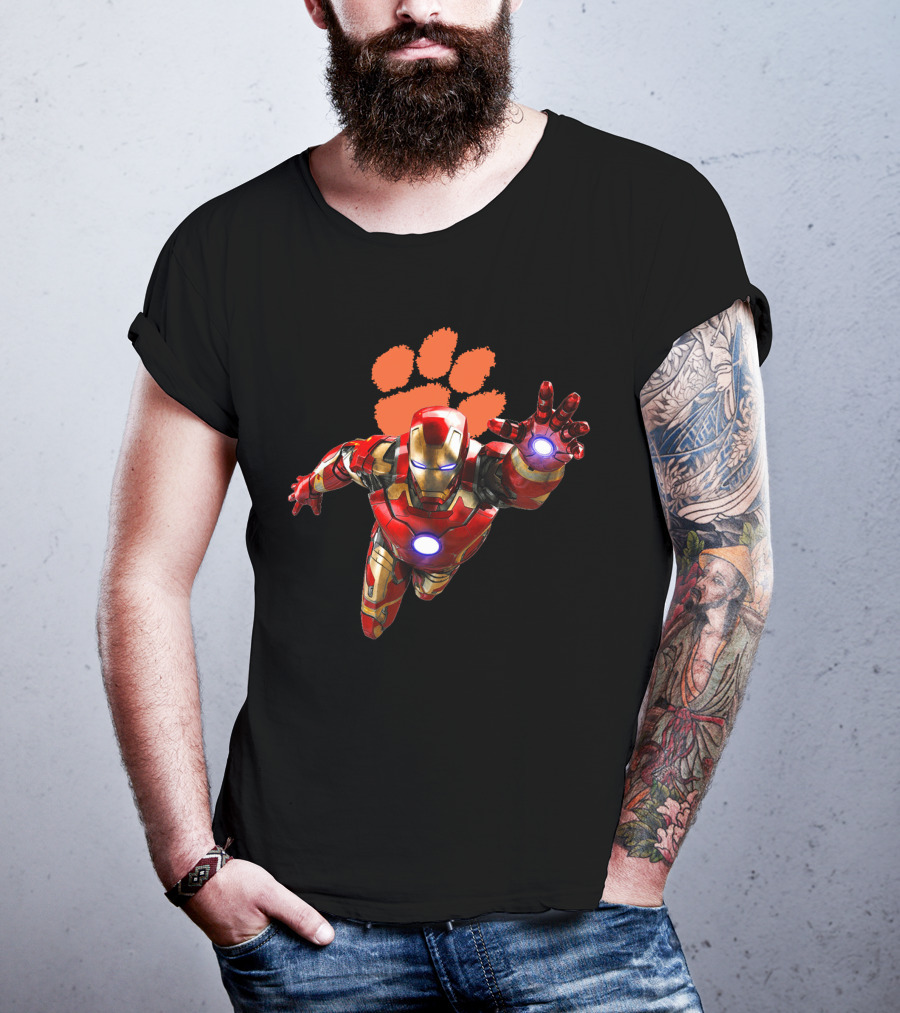 Clemson Tigers Iron Man Flying Paw Print Football T-Shirt