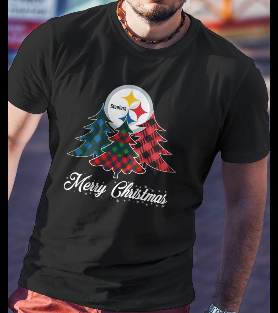 Steelers Merry Christmas Plaid Trees T-Shirt