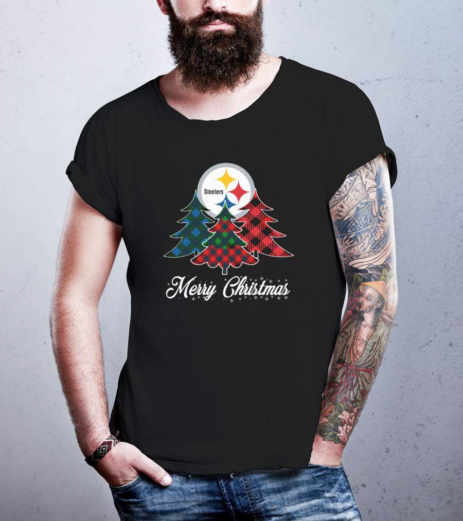Steelers Merry Christmas Plaid Trees T-Shirt