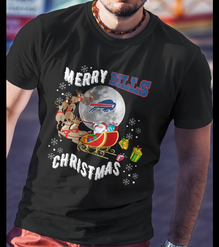 Merry Bills Christmas Buffalo Bills Santa Sleigh And Moon T-Shirt