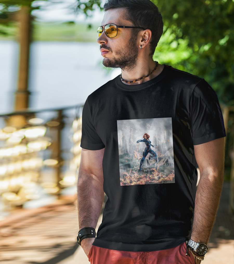 Avengers Cool Black Widow Action Scene Amidst Destruction T-Shirt
