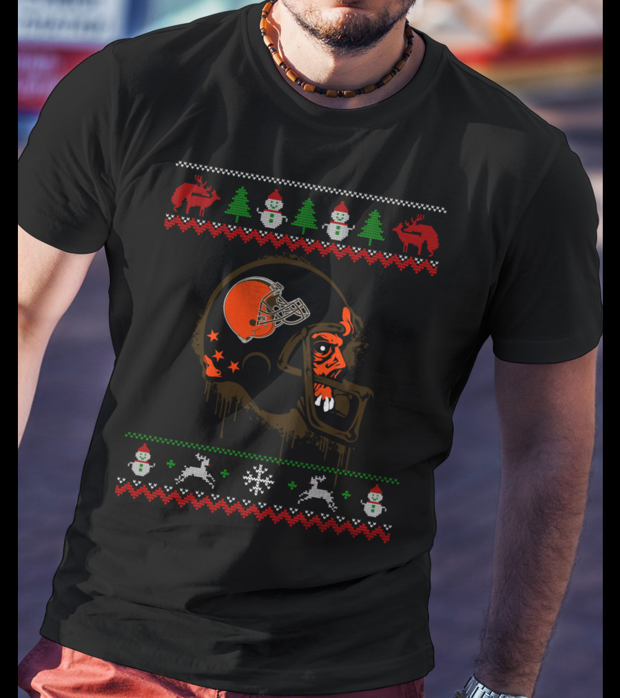 Cleveland Browns Holiday Sweater Design With Helmet And Festive Elements T-Shirt