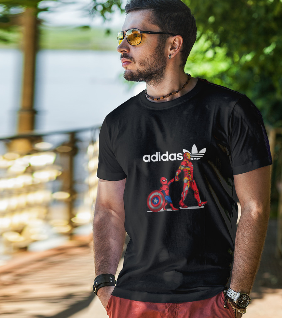 Iron Man Holding Shield Next To Small Spider-Man T-Shirt