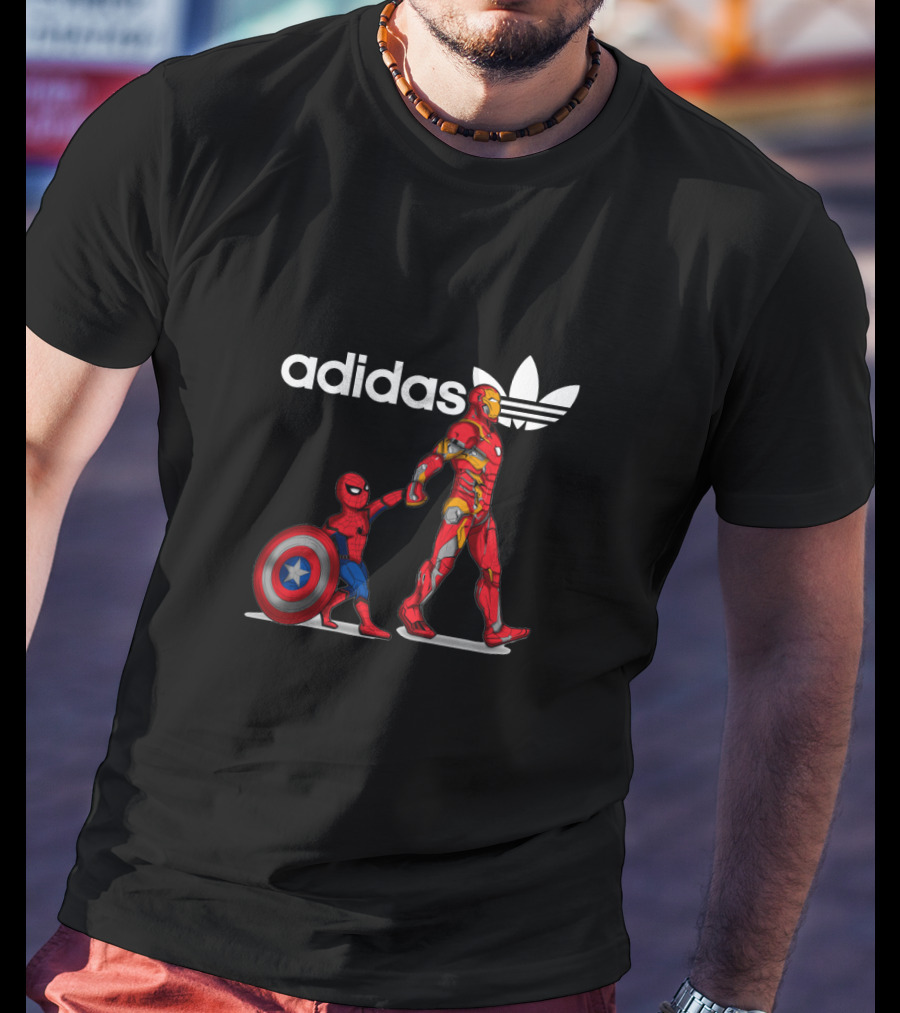 Iron Man Holding Shield Next To Small Spider-Man T-Shirt