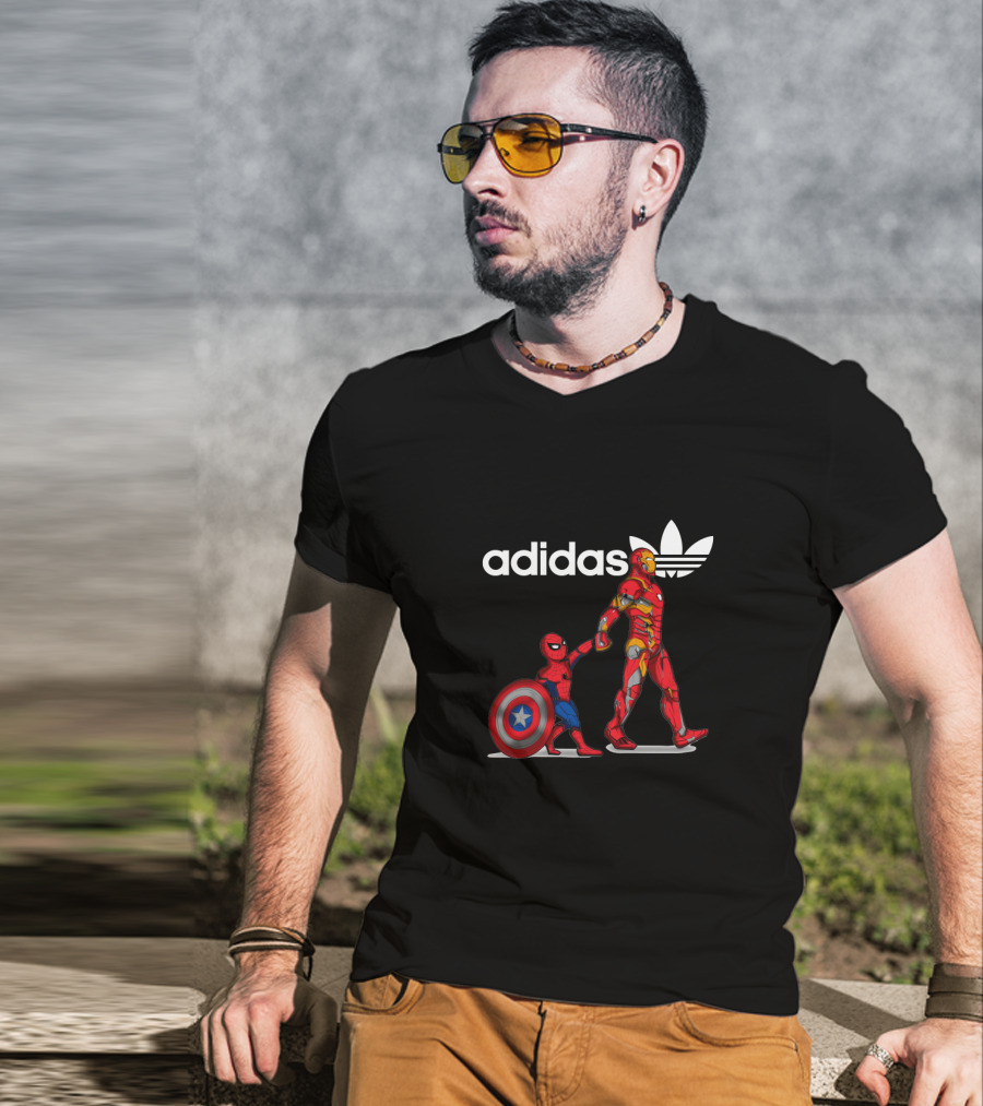 Iron Man Holding Shield Next To Small Spider-Man T-Shirt
