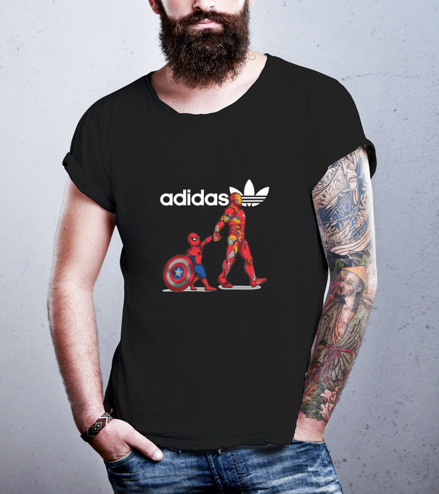 Iron Man Holding Shield Next To Small Spider-Man T-Shirt