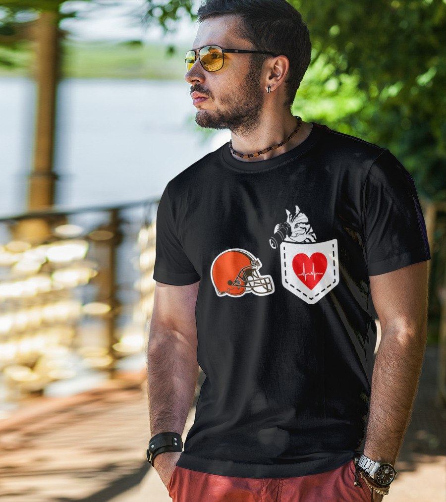 Cleveland Browns Helmet Zebra Heartbeat Pocket T-Shirt