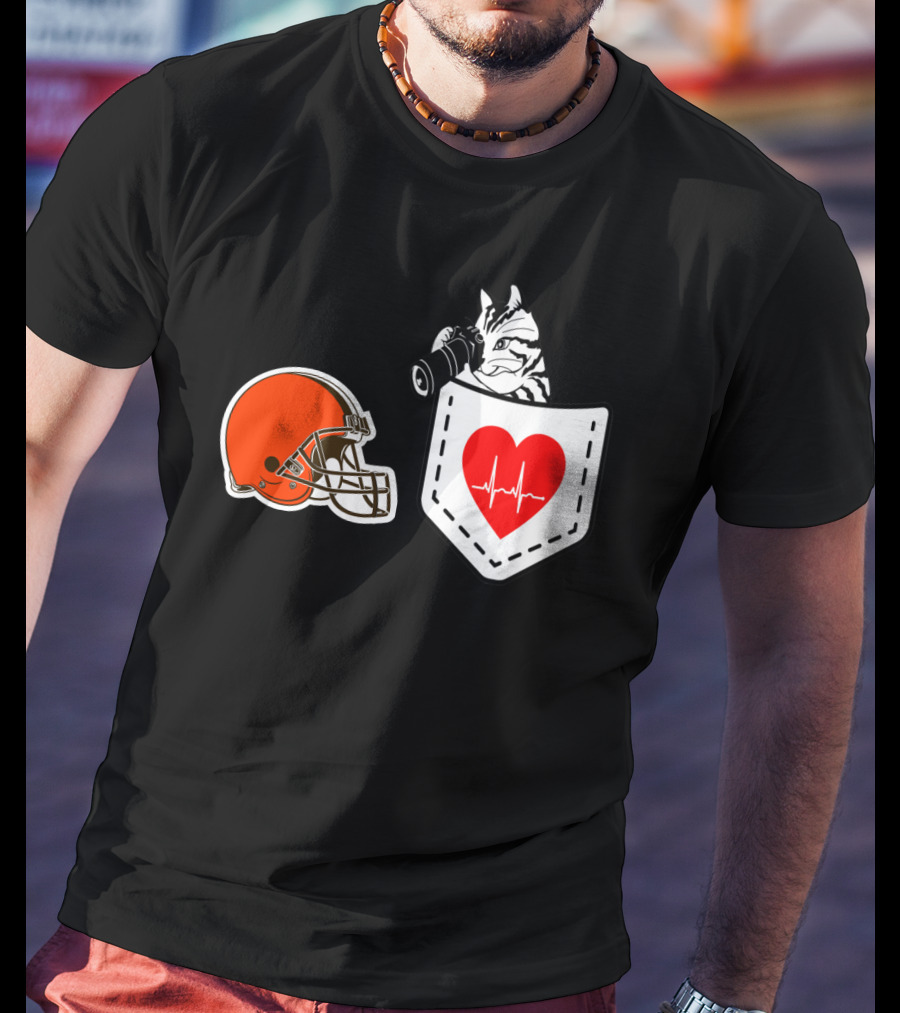 Cleveland Browns Helmet Zebra Heartbeat Pocket T-Shirt