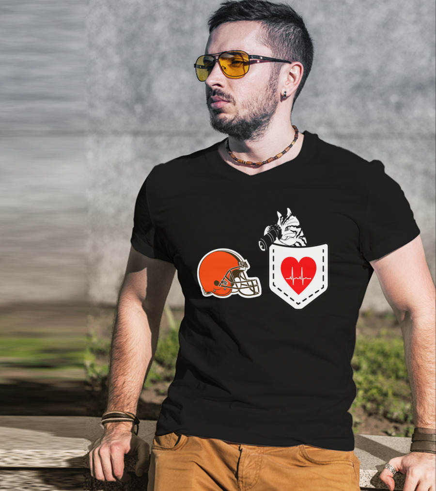 Cleveland Browns Helmet Zebra Heartbeat Pocket T-Shirt