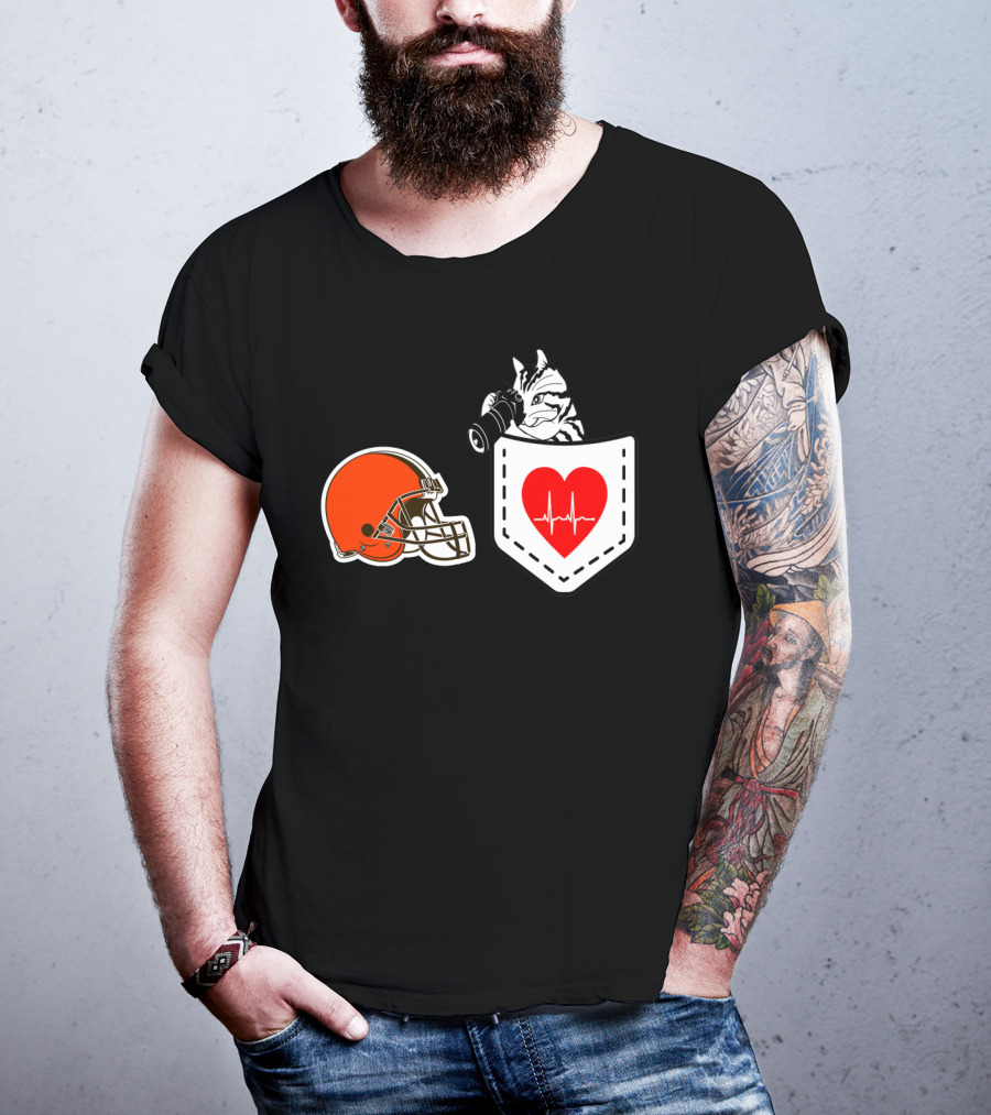 Cleveland Browns Helmet Zebra Heartbeat Pocket T-Shirt