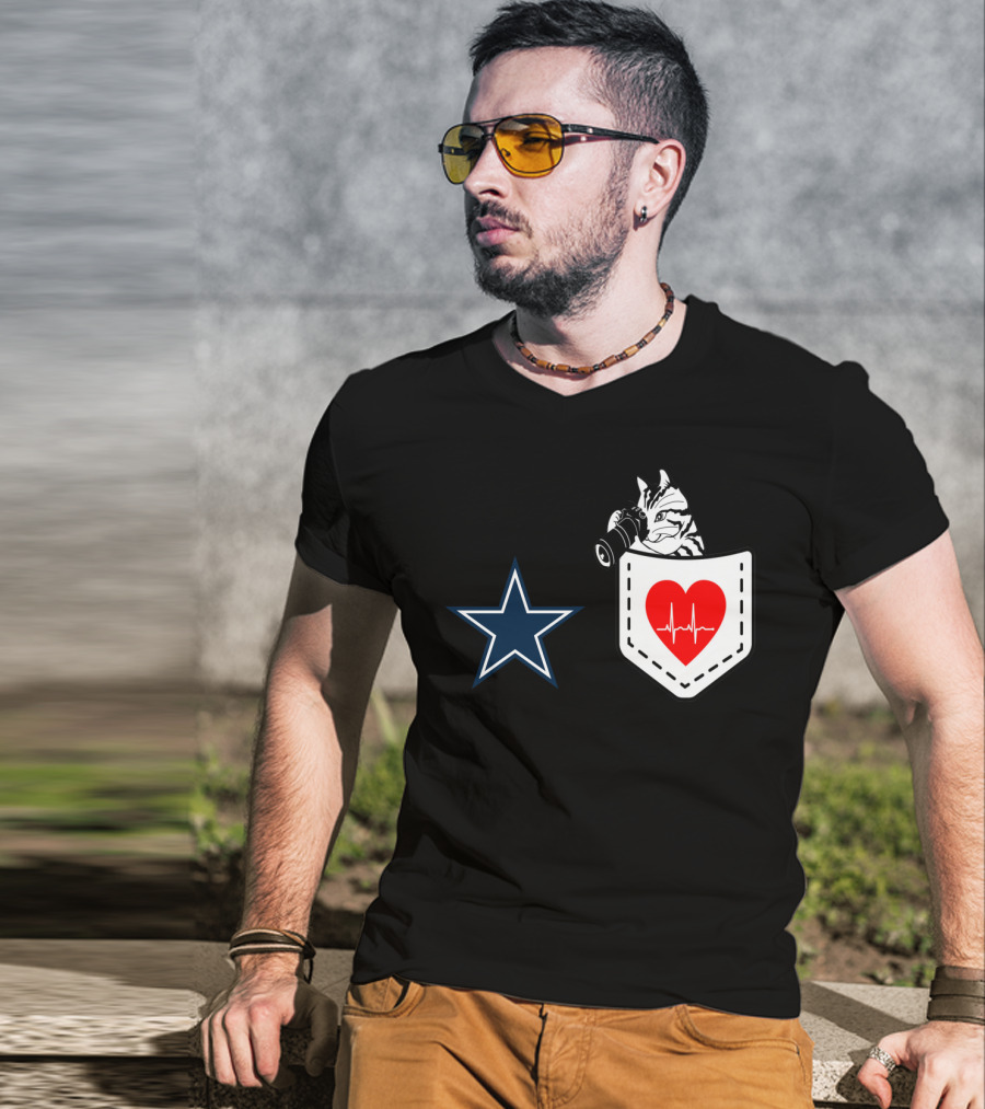 Dallas Cowboys Star Cat In Heartbeat Pocket T-Shirt