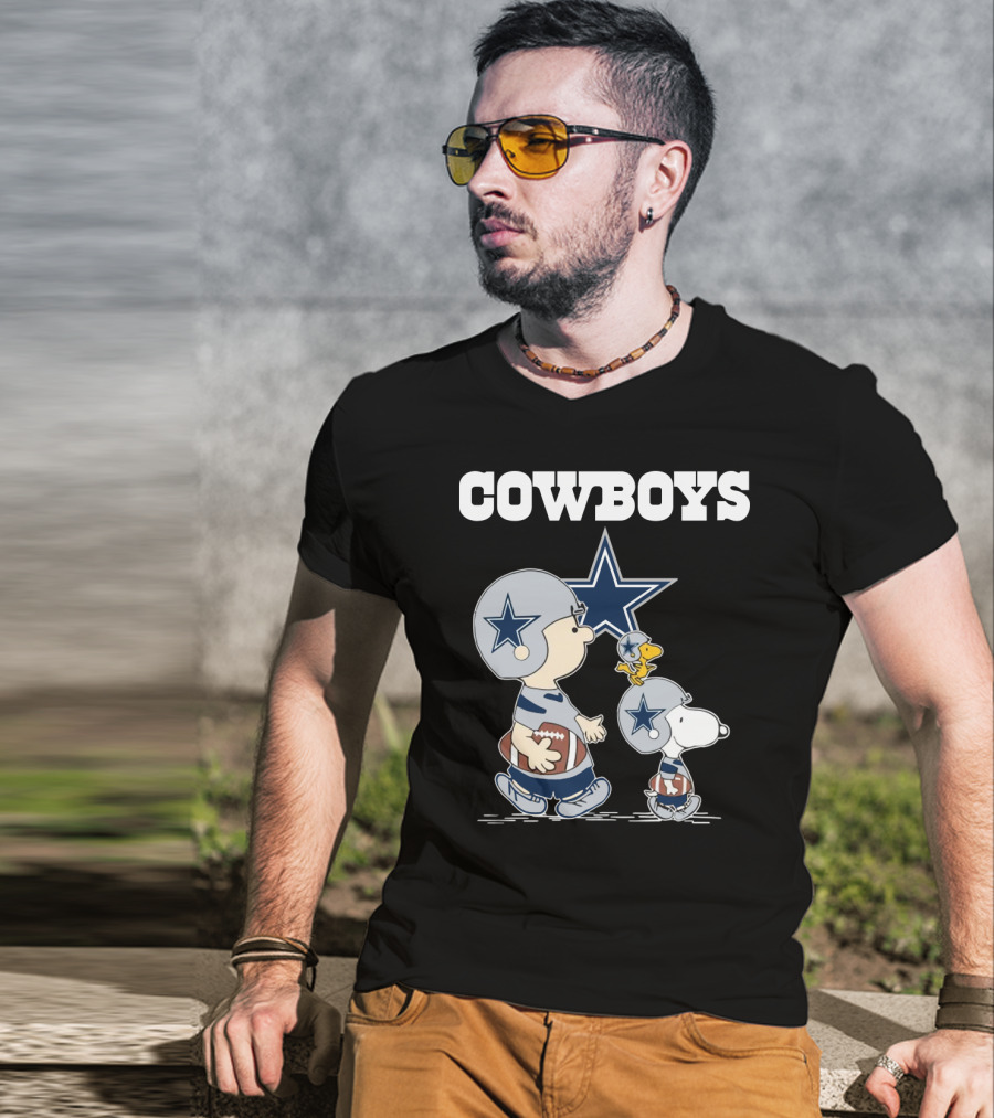 Cowboys Peanuts Characters With Dallas Star Logo Football Helmets T-Shirt