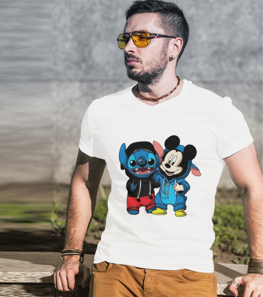 Mickey Mouse And Stitch In Hoodies T-Shirt