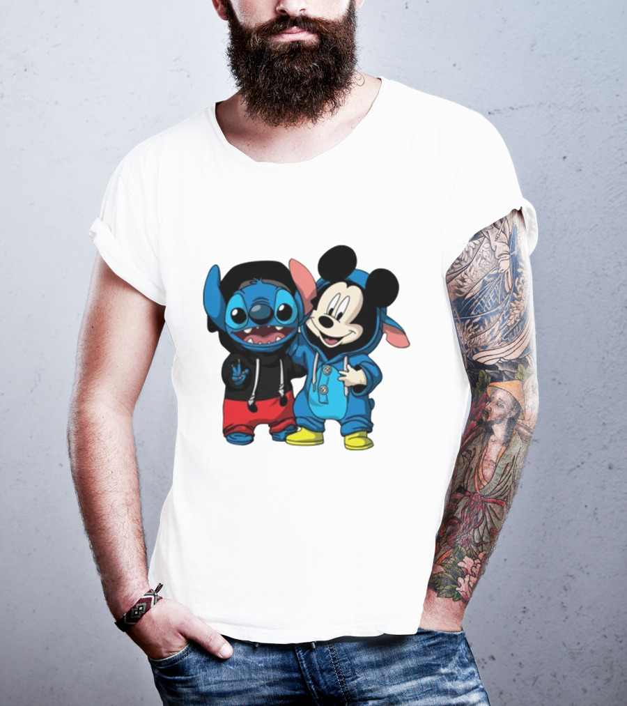 Mickey Mouse And Stitch In Hoodies T-Shirt