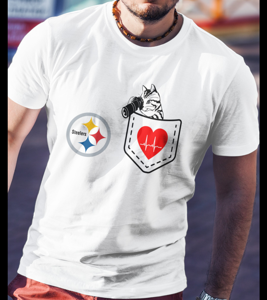 Pittsburgh Steelers Cat With Heartbeat Pocket T-Shirt