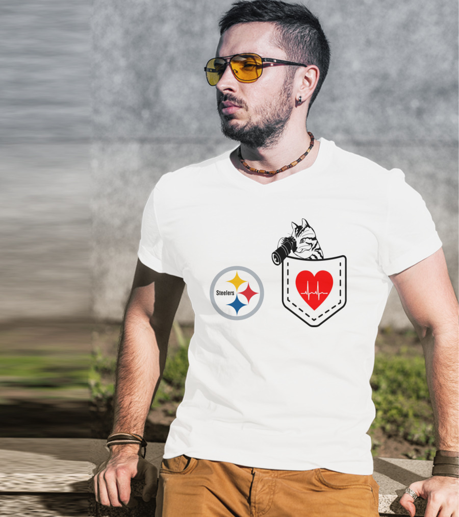 Pittsburgh Steelers Cat With Heartbeat Pocket T-Shirt