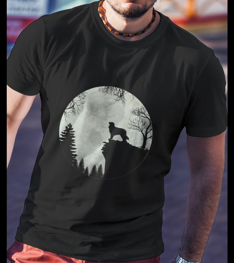 Australian Shepherd Full Moon Silhouette On Cliff T-Shirt