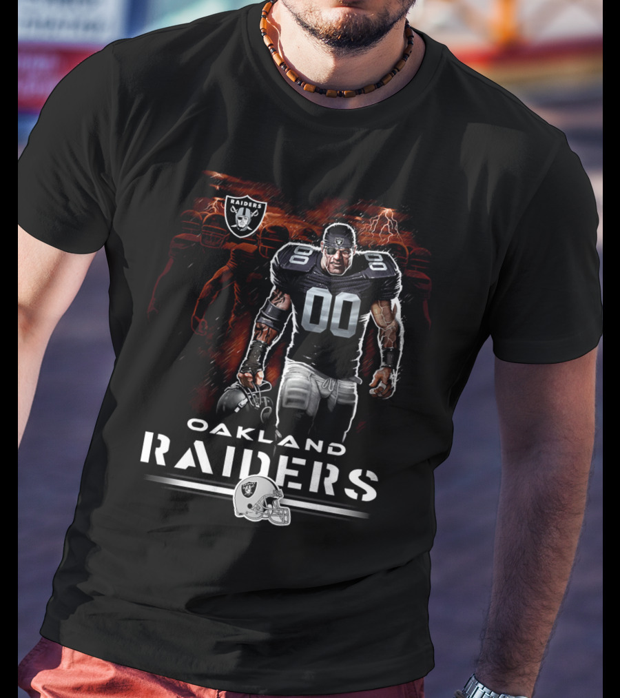 Oakland Raiders Nfl Player Illustration With Skull Logo And Helmet T-Shirt
