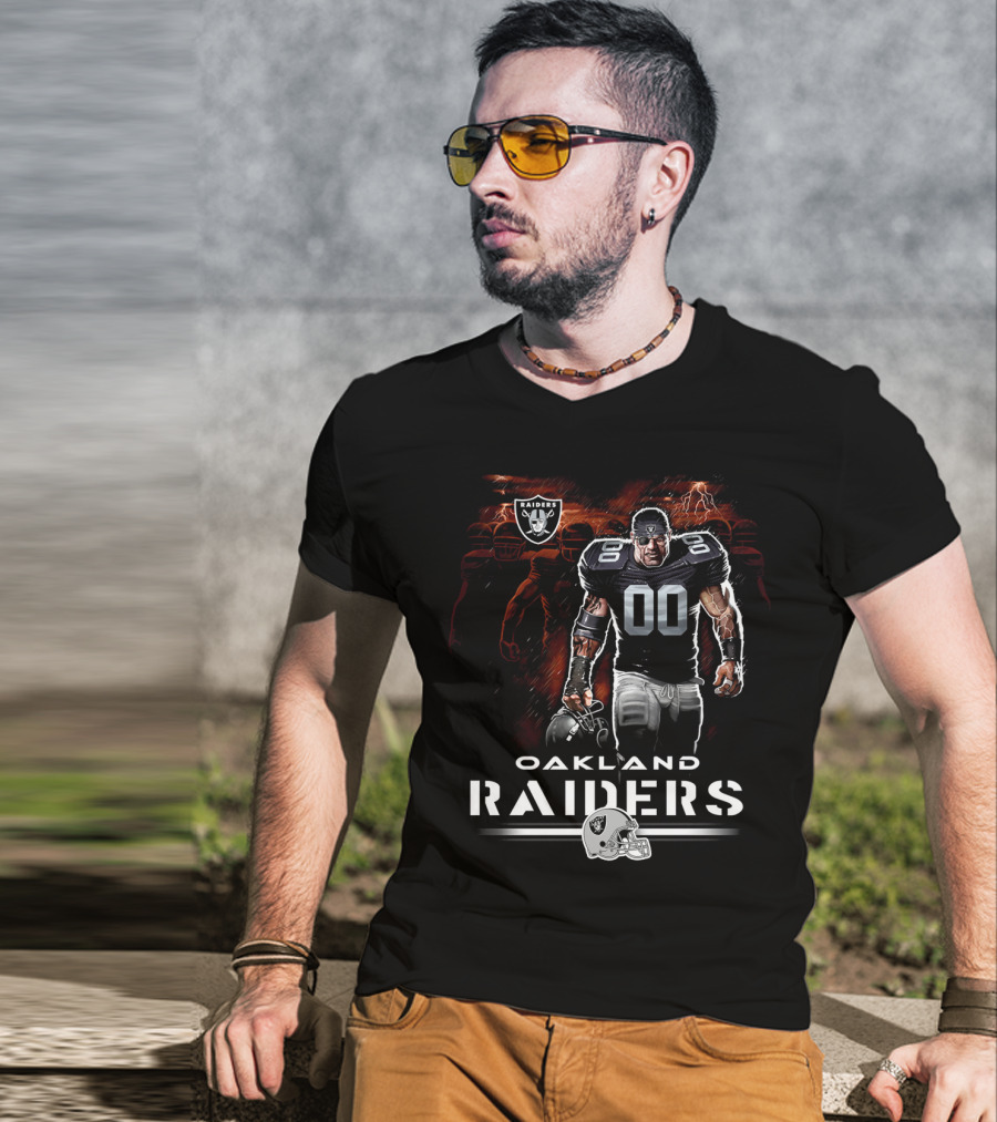 Oakland Raiders Nfl Player Illustration With Skull Logo And Helmet T-Shirt