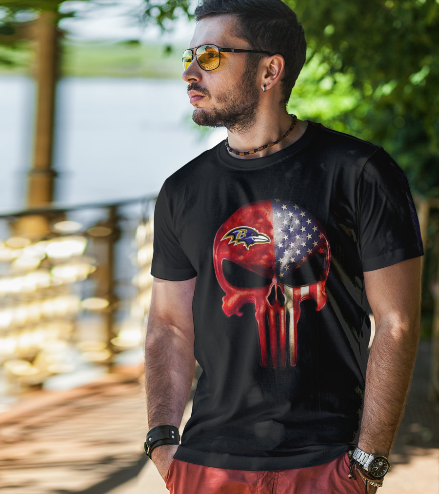 Baltimore Ravens American Flag Skull Logo 03 T-Shirt