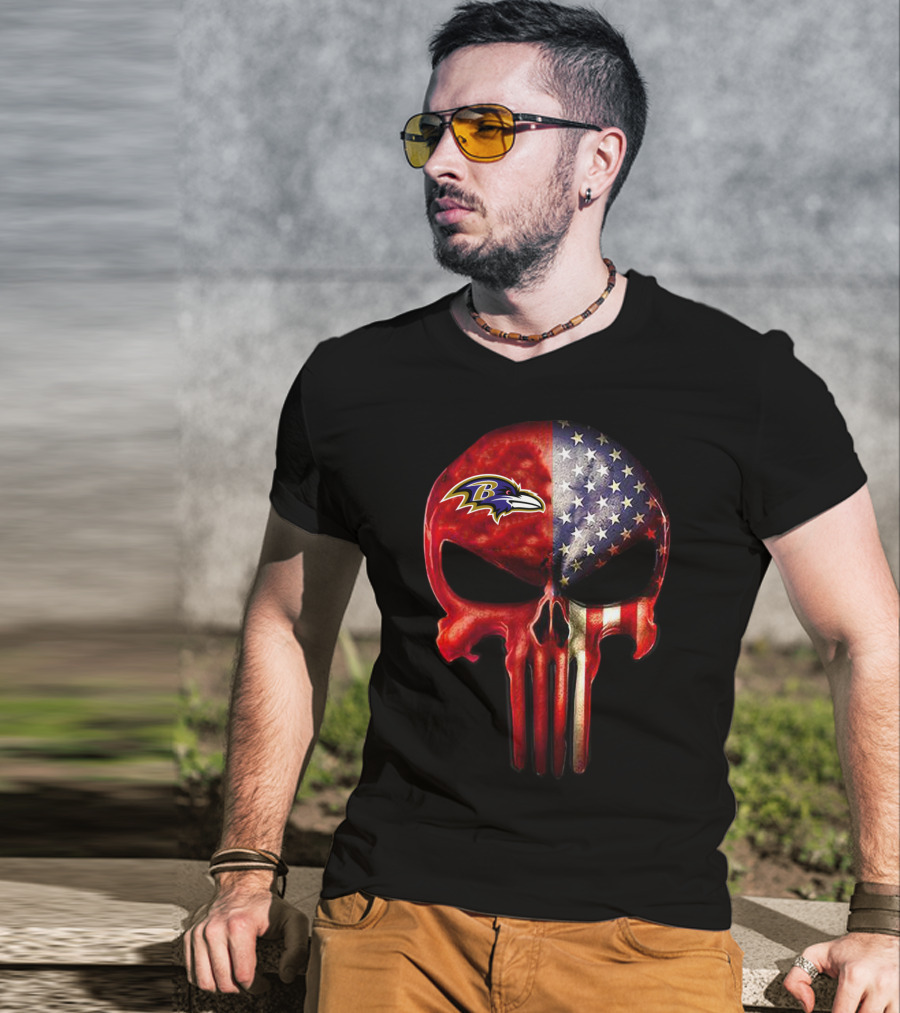 Baltimore Ravens American Flag Skull Logo 03 T-Shirt