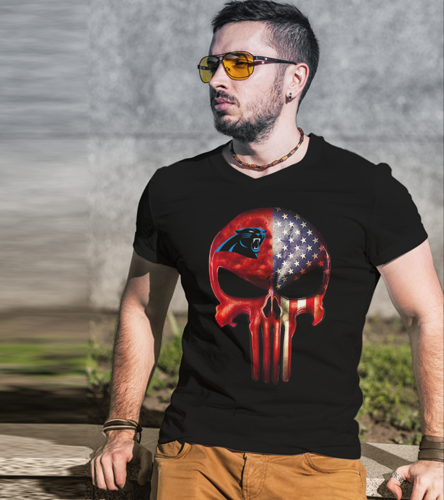 '05 CarolinaPanthers Skull American Flag T-Shirt