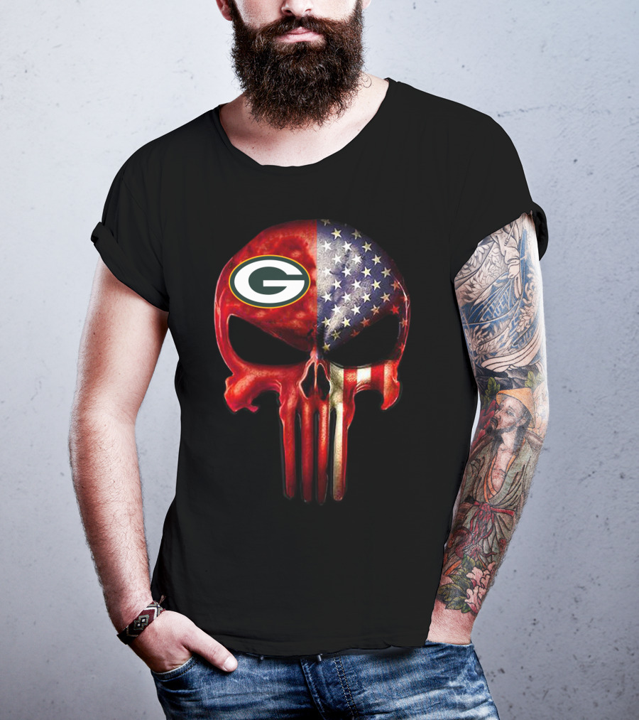 Green Bay Skull American Flag Fusion For True GreenBay Fan Only T-Shirt