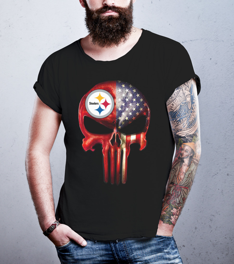 Steelers American Flag Skull For True Pittsburgh Fan Only T-Shirt