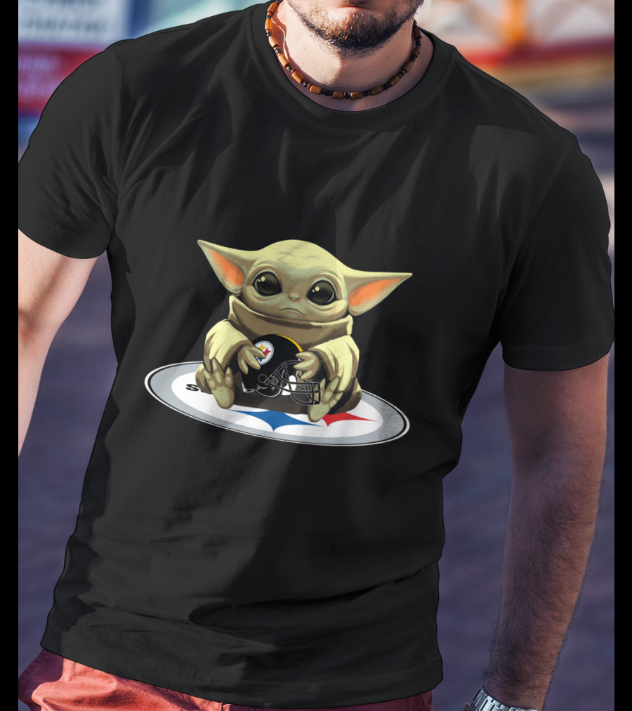 Baby Yoda Holding Steelers Football Helmet T-Shirt