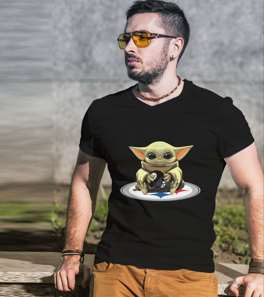 Baby Yoda Holding Steelers Football Helmet T-Shirt
