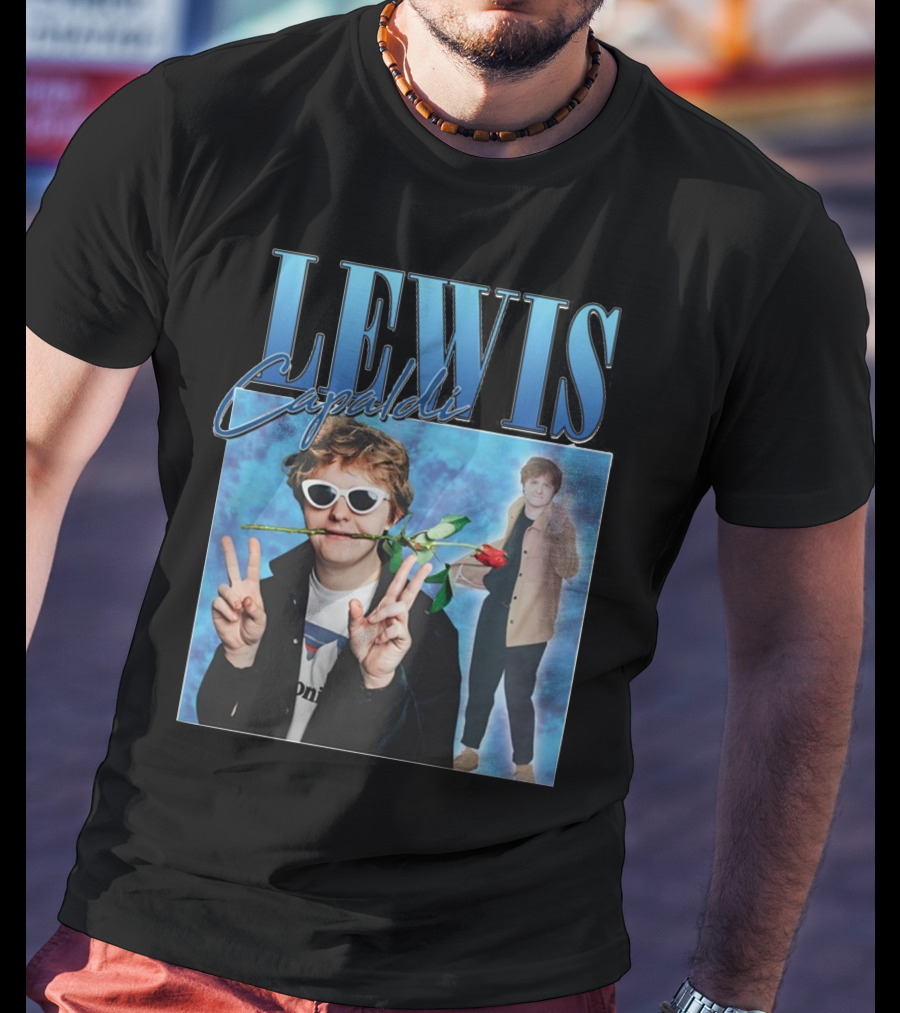 LEWIS Capaldi Peace Gesture Rose Blue Background T-Shirt