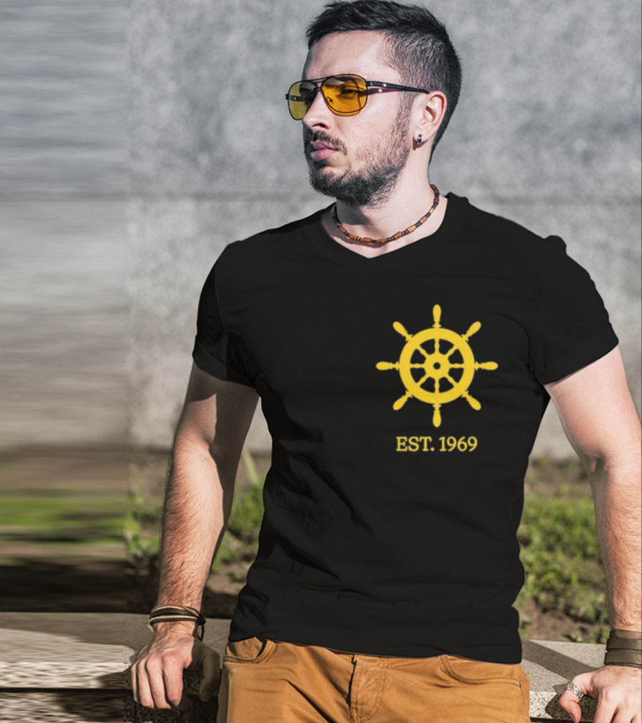 Benitez Sailing Est. 1969 Yellow Ship Wheel Emblem T-Shirt