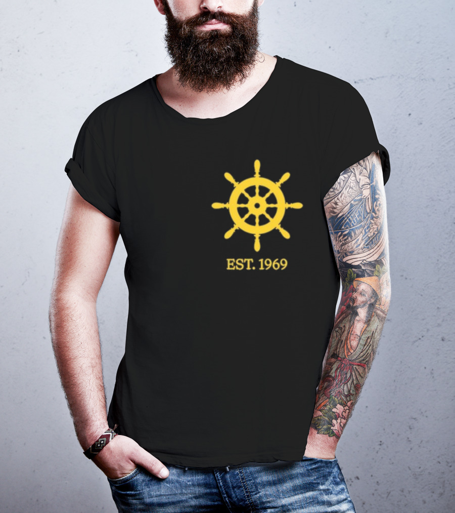 Benitez Sailing Est. 1969 Yellow Ship Wheel Emblem T-Shirt