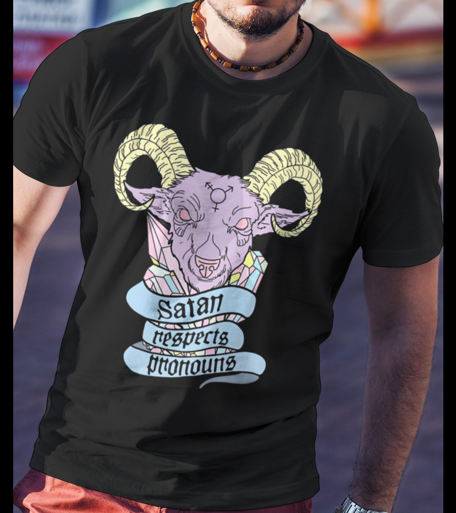Satan Respects Pronouns Pastel Goat Head With Horns And Gender Symbols T-Shirt