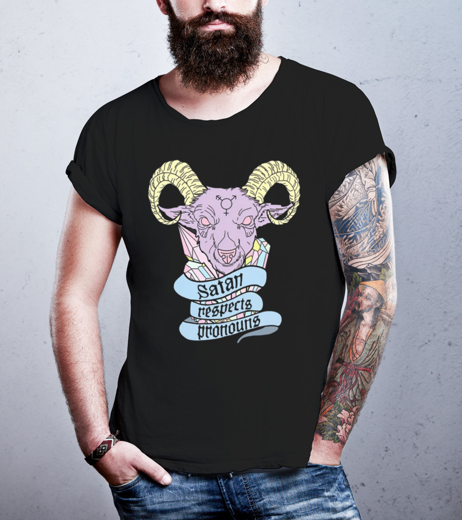 Satan Respects Pronouns Pastel Goat Head With Horns And Gender Symbols T-Shirt