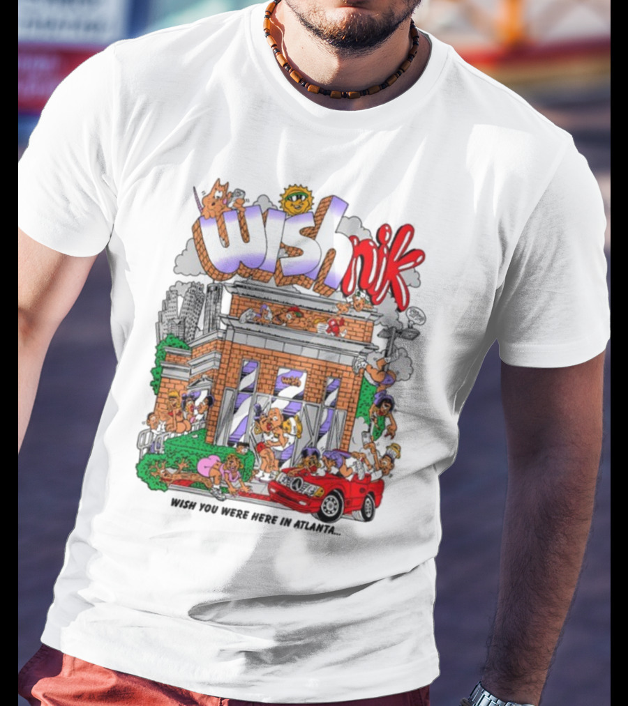 Wishnik Wish You Were Here In Atlanta Cartoon Car Crowd Scene T-Shirt