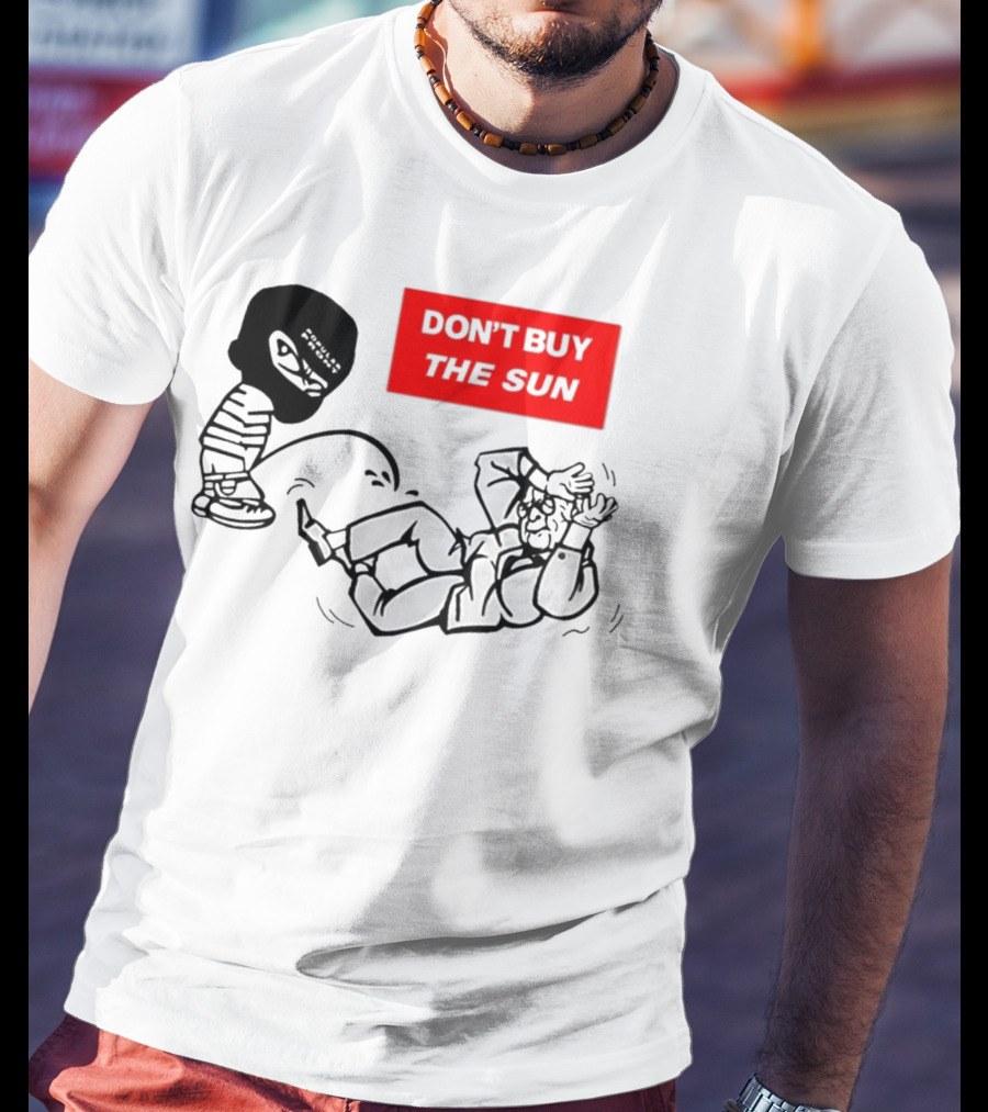 Don't Buy The Sun Graphic With Cartoon Character And Masked Figure Mocking Gesture T-Shirt
