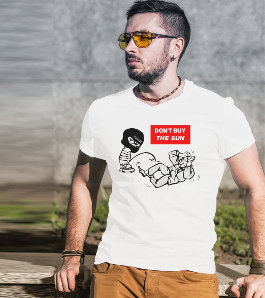 Don't Buy The Sun Graphic With Cartoon Character And Masked Figure Mocking Gesture T-Shirt