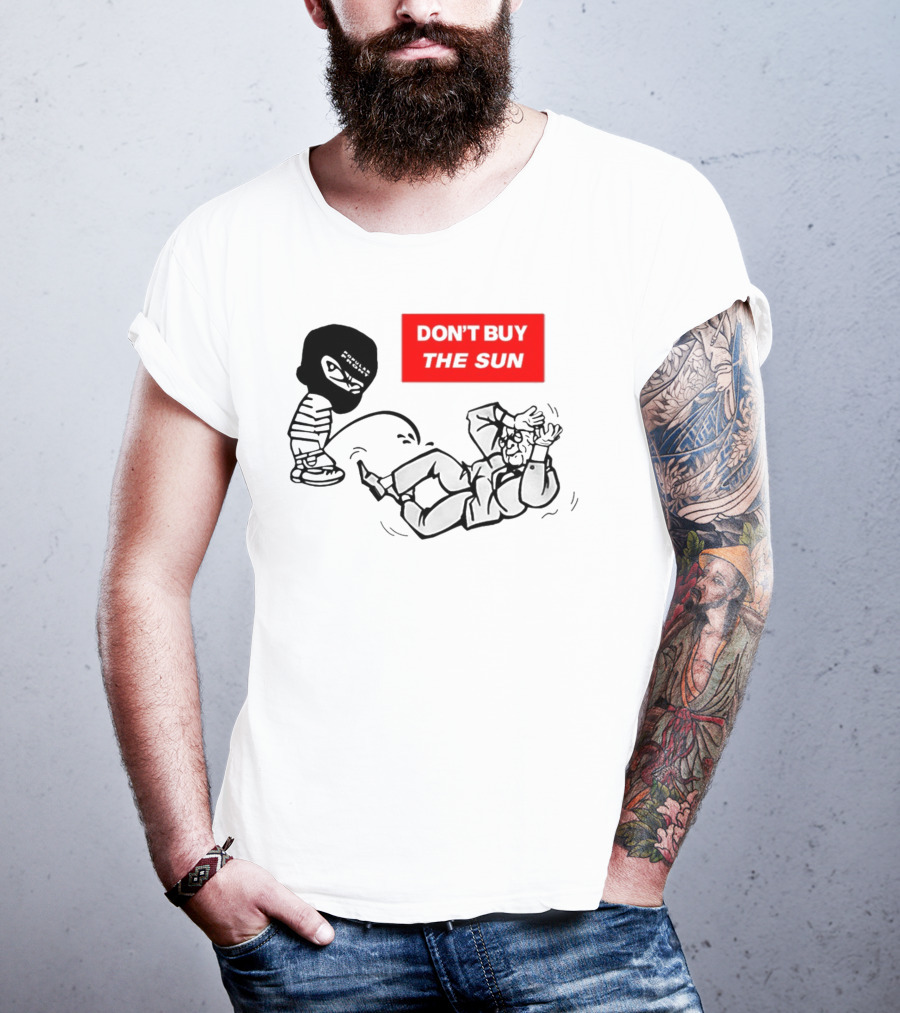 Don't Buy The Sun Graphic With Cartoon Character And Masked Figure Mocking Gesture T-Shirt
