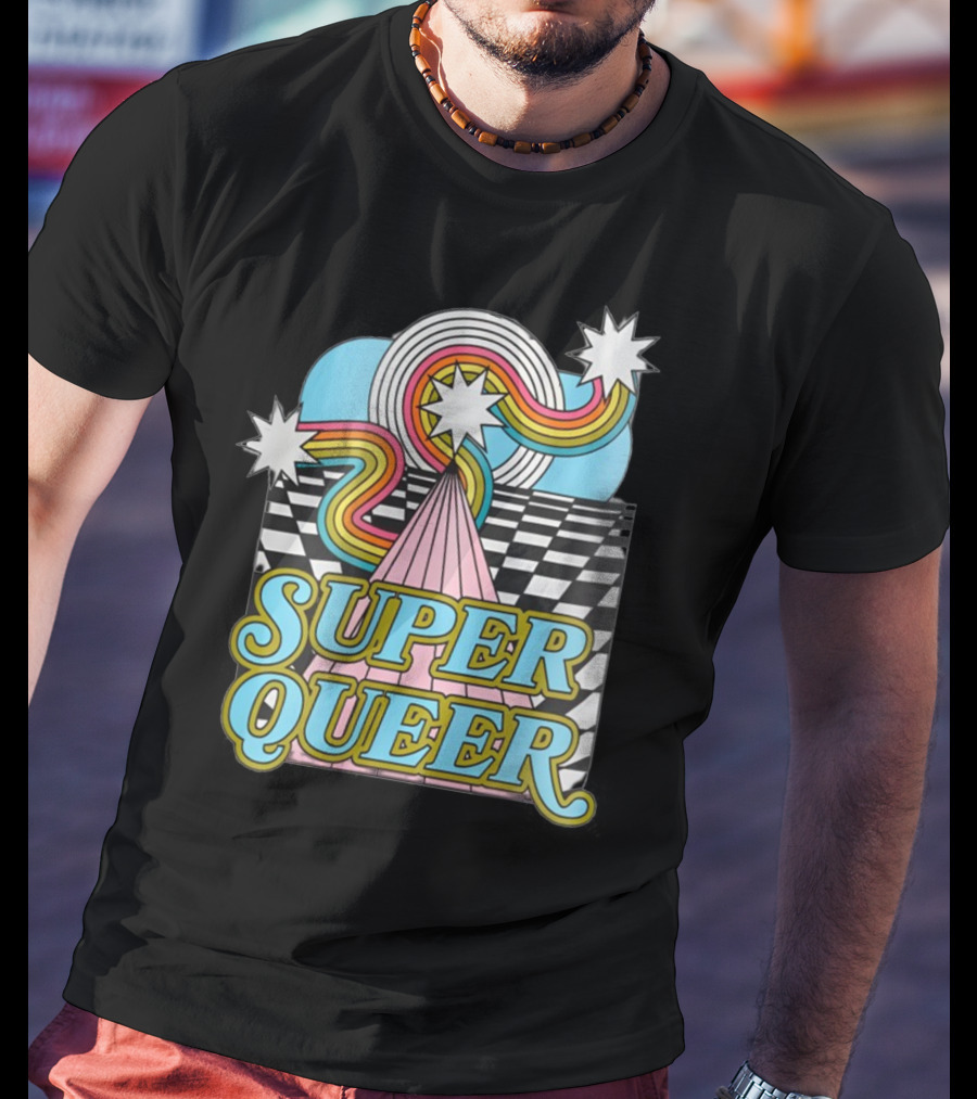Super Queer Retro Rainbow Starburst Checkered Sky Burst T-Shirt