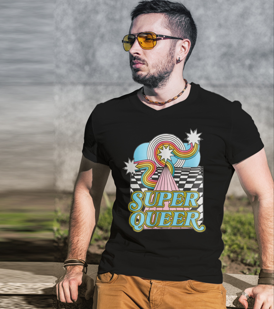 Super Queer Retro Rainbow Starburst Checkered Sky Burst T-Shirt