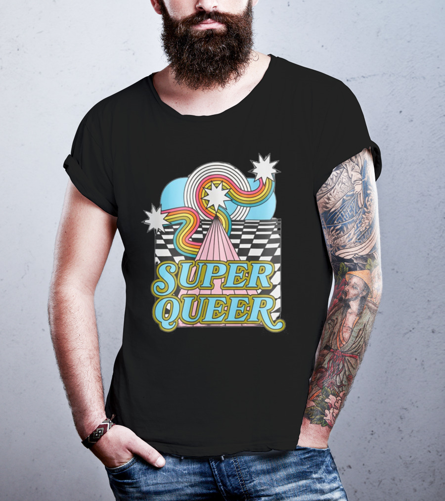Super Queer Retro Rainbow Starburst Checkered Sky Burst T-Shirt