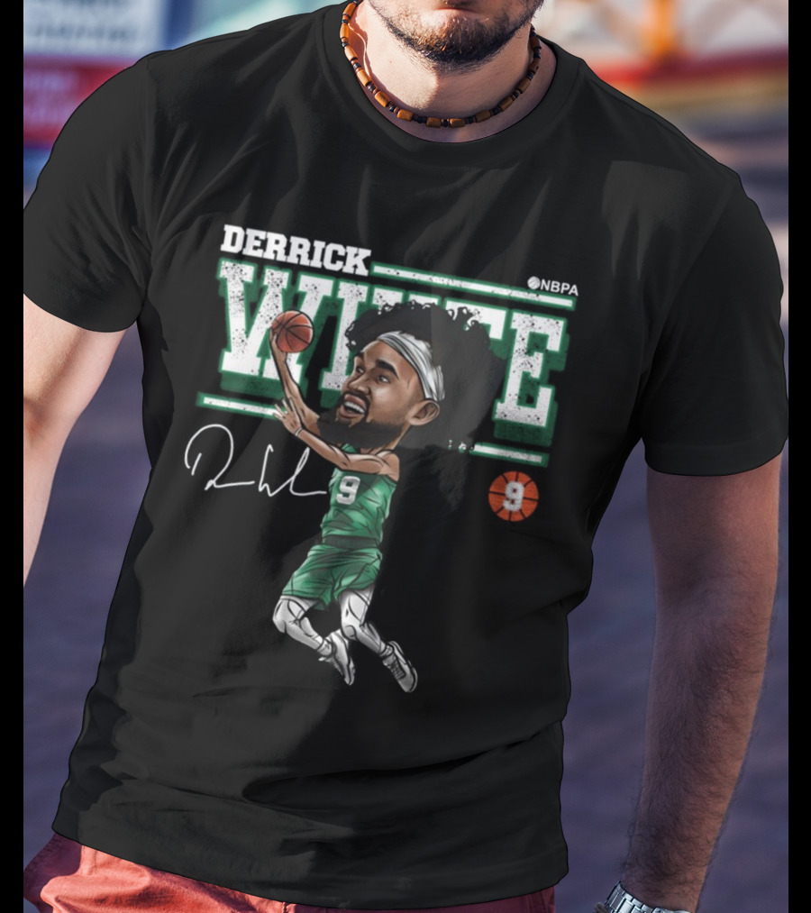 Derrick White NBPA Boston Basketball Cartoon Number 9 T-Shirt
